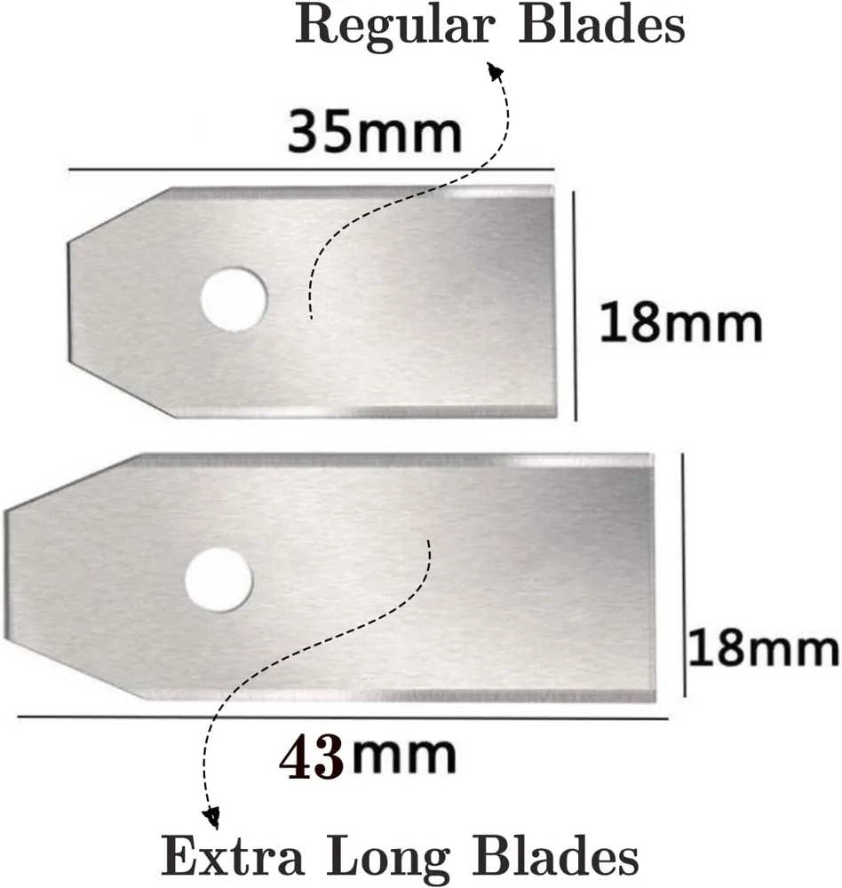 Regular 35 mm blade next to extra-long 43 mm blade, both 18 mm wide